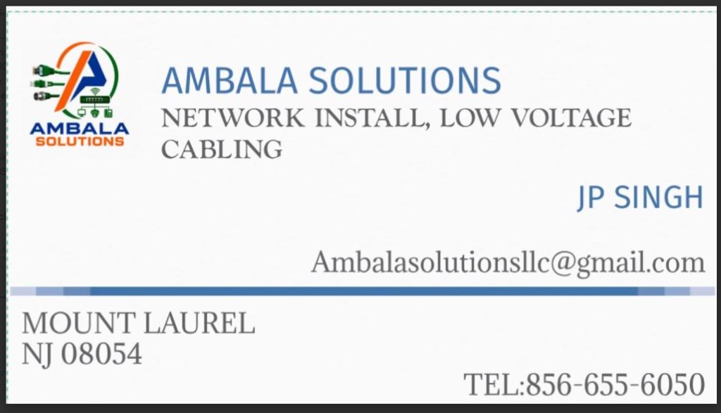 JP Singh business card, network install and low voltage cabling